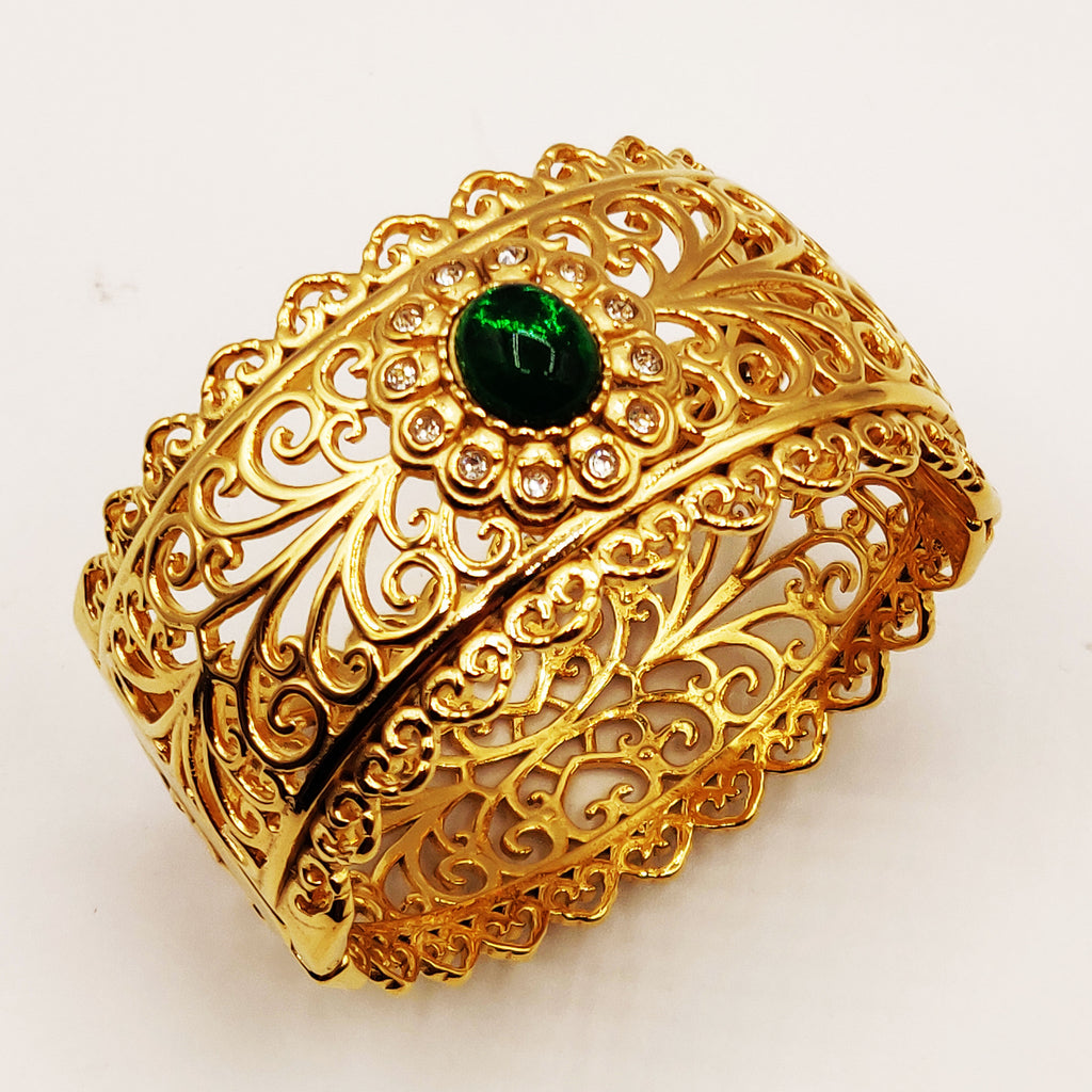 Bracelet Rigide Large Motifs Orientaux Pierre Verte Luxe