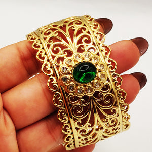 Bracelet Rigide Large Motifs Orientaux Pierre Verte Luxe