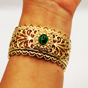 Bracelet Rigide Large Motifs Orientaux Pierre Verte Luxe