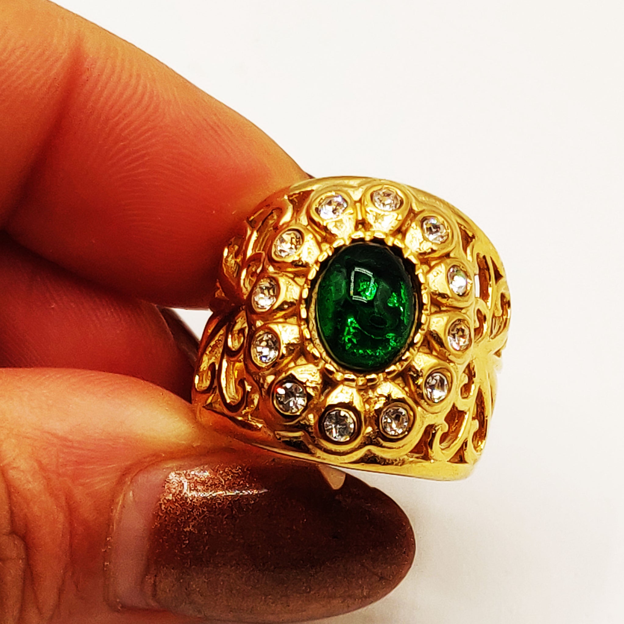 Bague Large Motifs Orientaux Pierre Verte Luxe