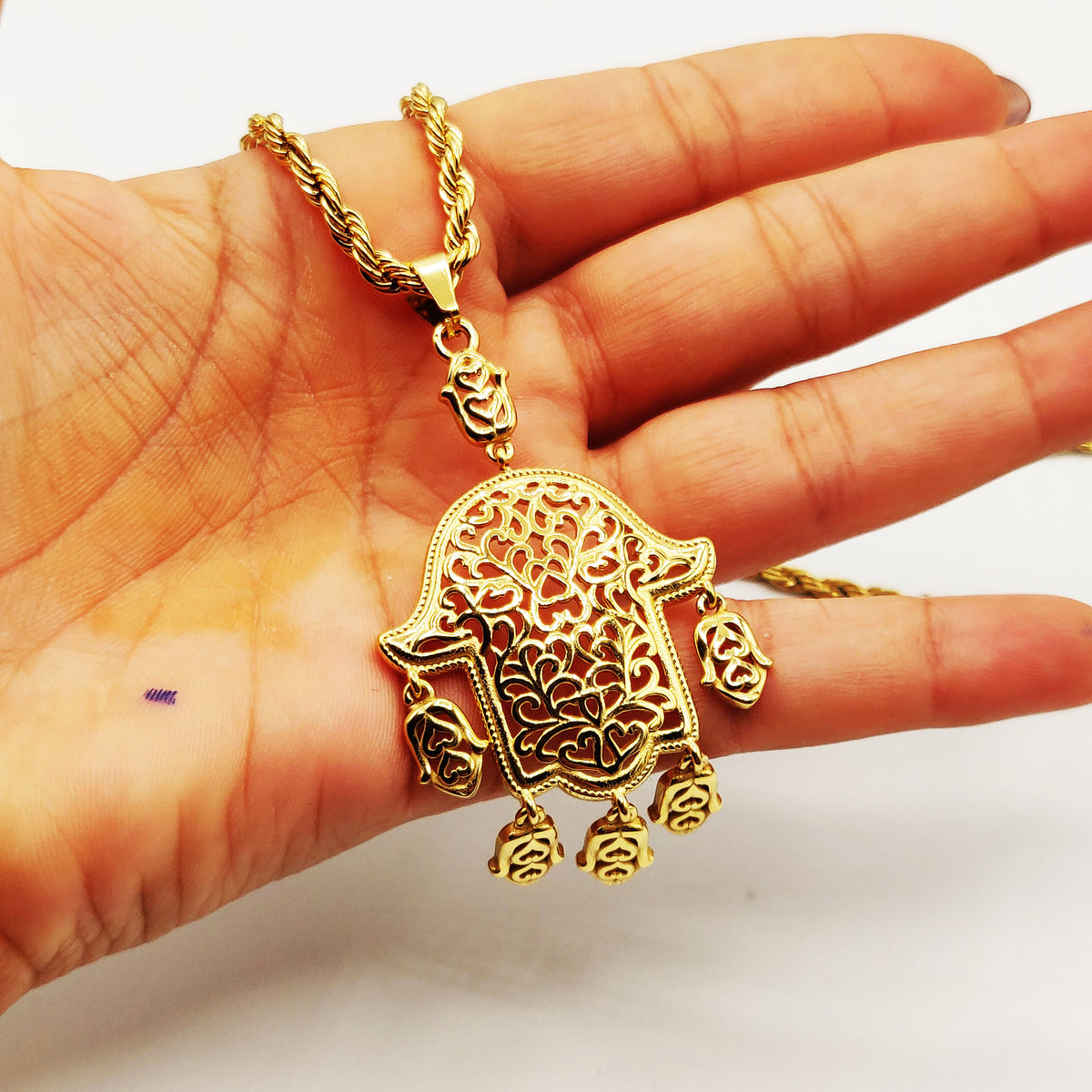 Collier / Sautoir Torsade Main de Fatma Motifs Orientaux Pendentifs Petites Mains Luxe