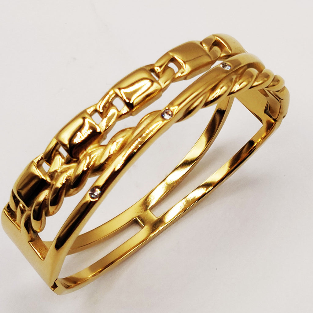 Bracelet Rigide Triple Lignes Chaîne, Torsade et Cristaux