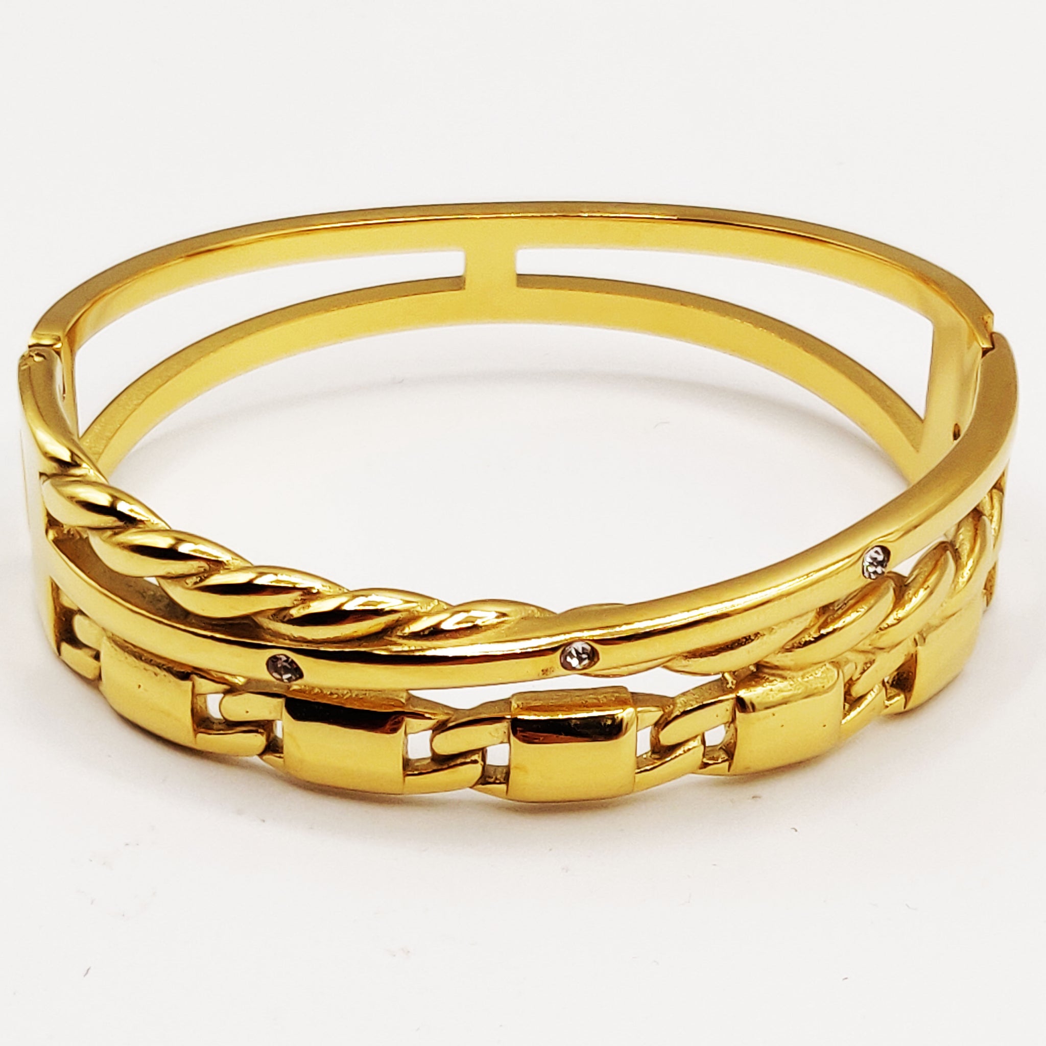 Bracelet Rigide Triple Lignes Chaîne, Torsade et Cristaux