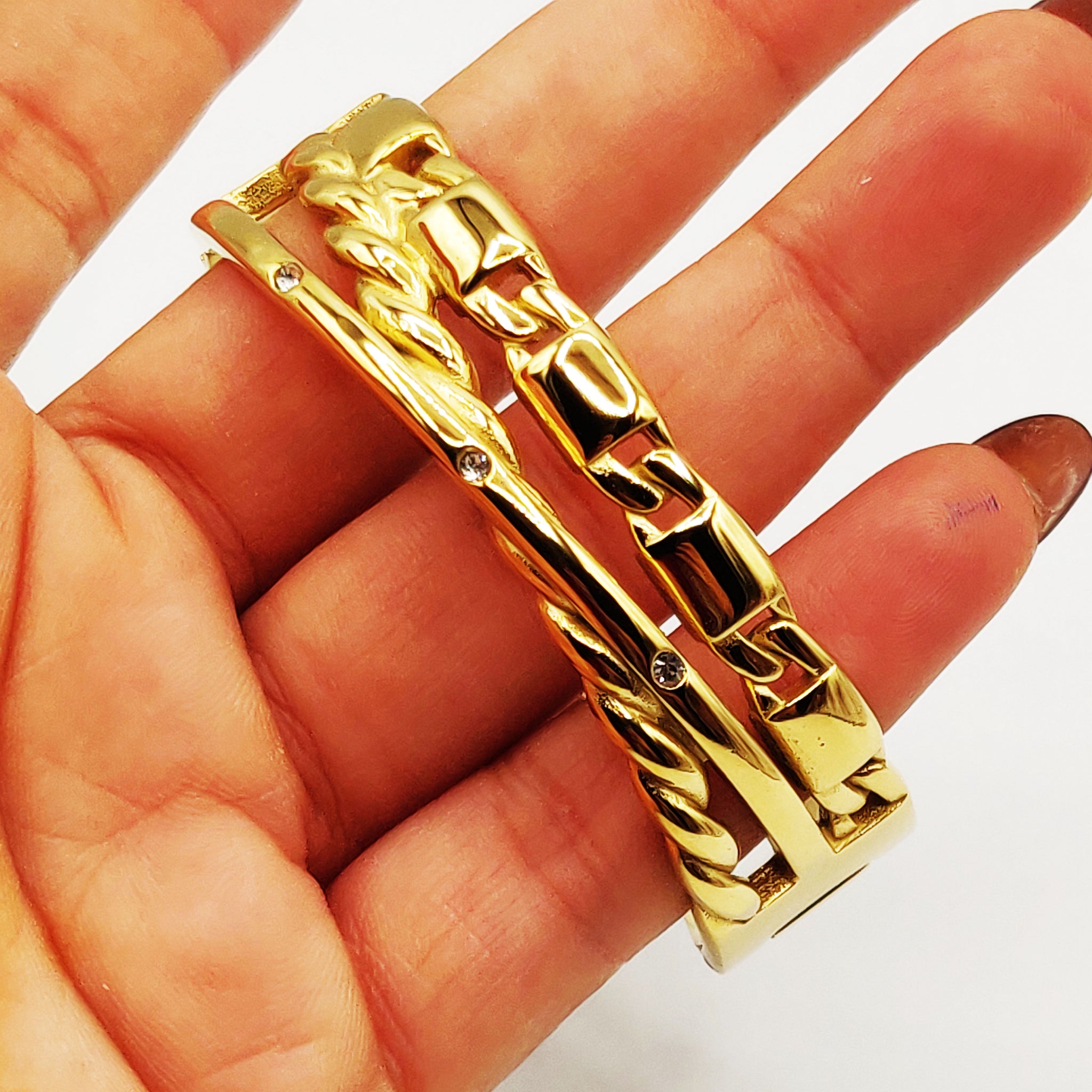 Bracelet Rigide Triple Lignes Chaîne, Torsade et Cristaux