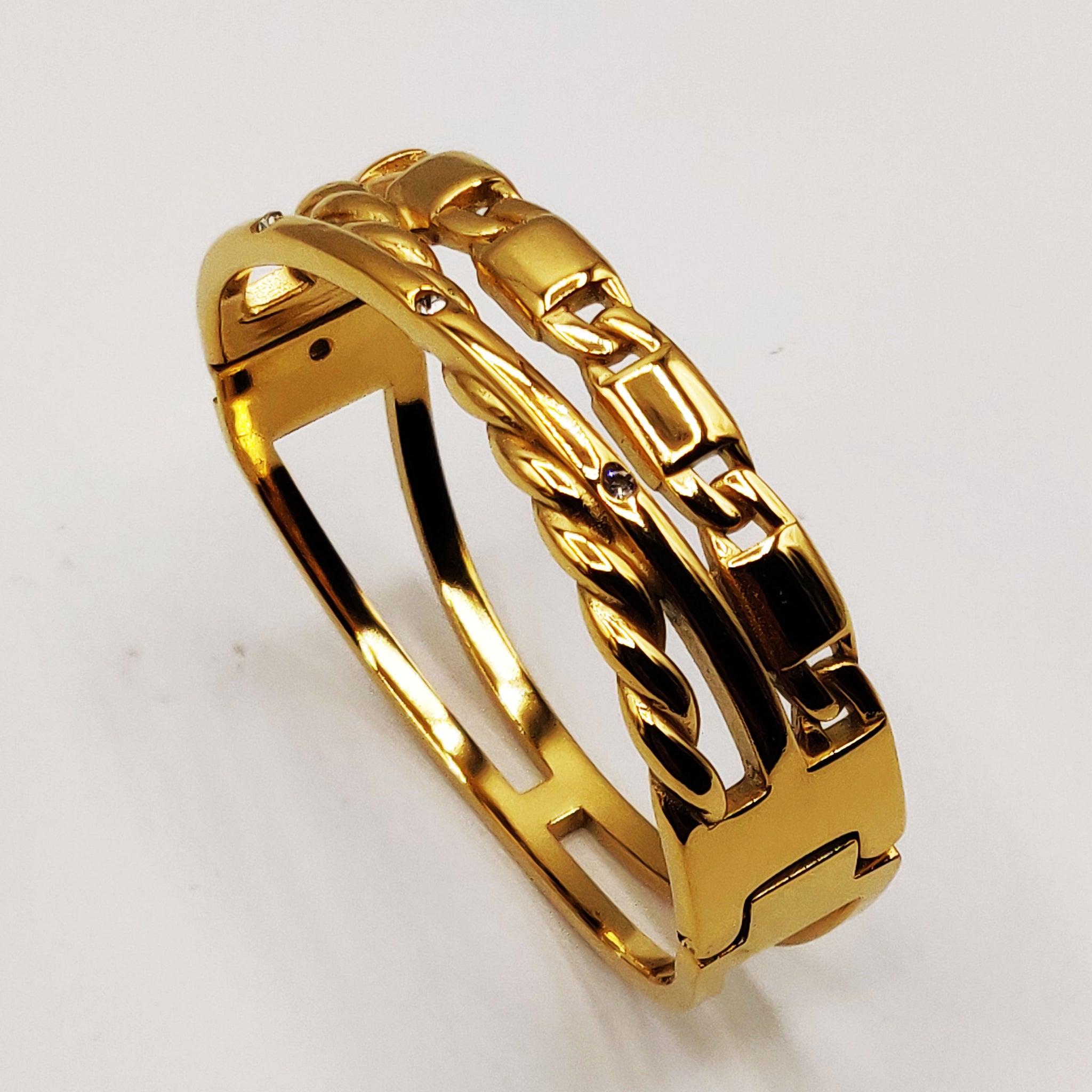 Bracelet Rigide Triple Lignes Chaîne, Torsade et Cristaux