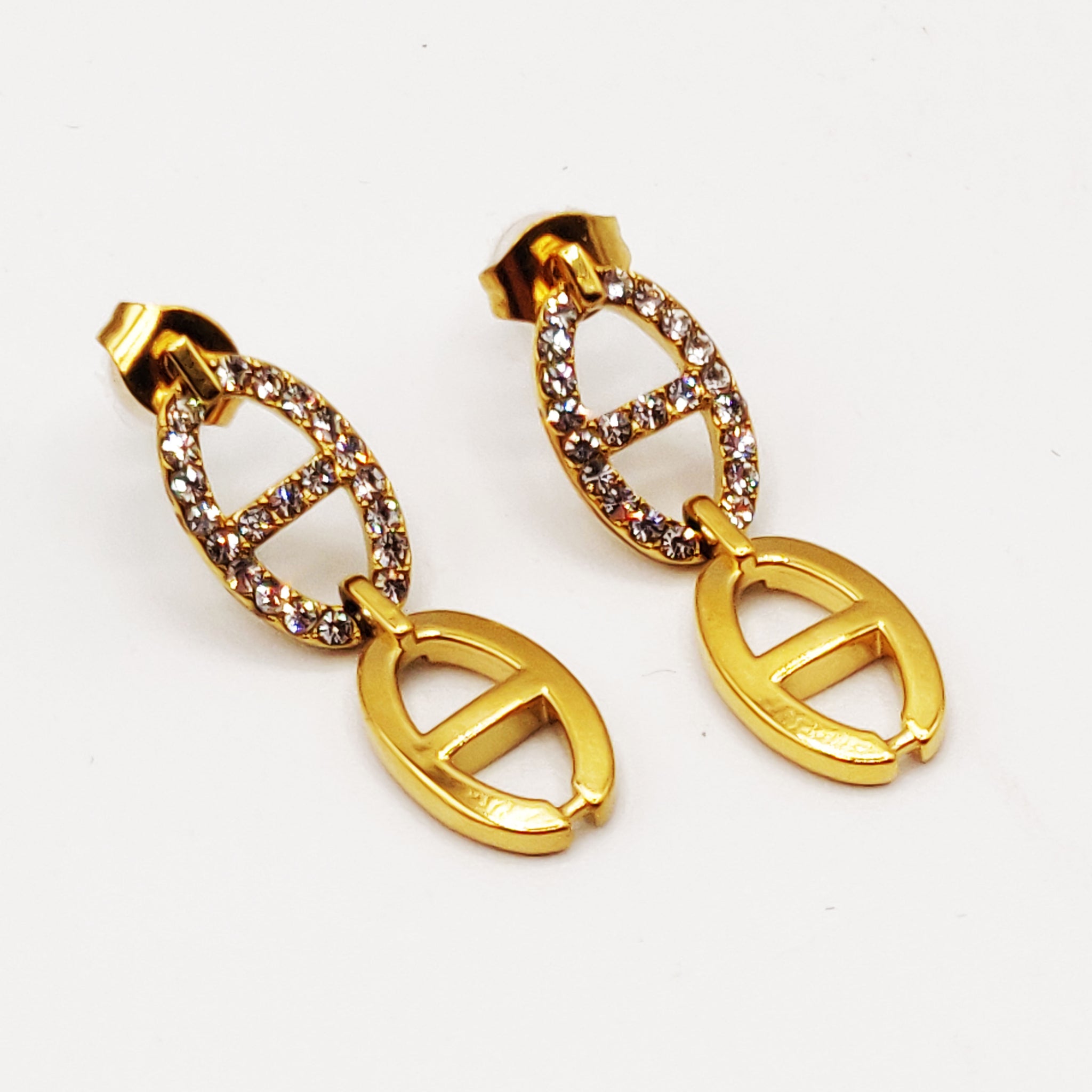 Boucles d'oreilles Double Pendentifs H Luxe Cristaux et Doré