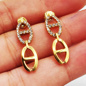 Boucles d'oreilles Double Pendentifs H Luxe Cristaux et Doré