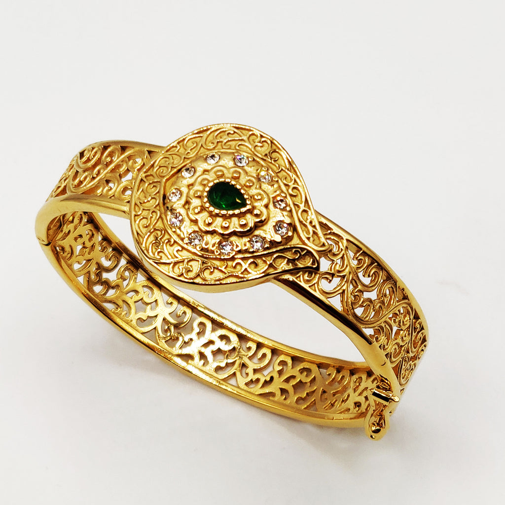 Bracelet Rigide Goutte Motifs Orientaux Pierre Verte Luxe