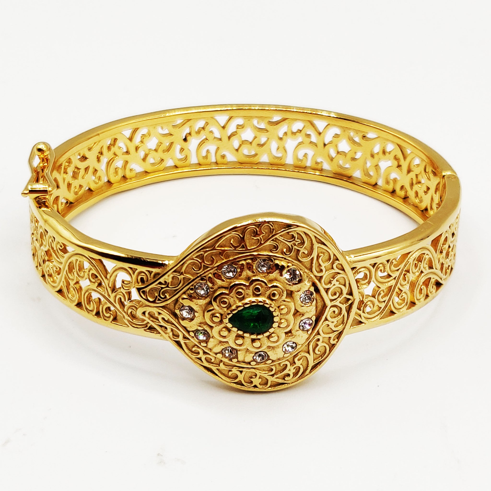 Bracelet Rigide Goutte Motifs Orientaux Pierre Verte Luxe
