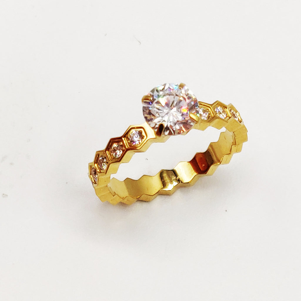 Bague Multi Hexagones et Gros Cristal Luxe