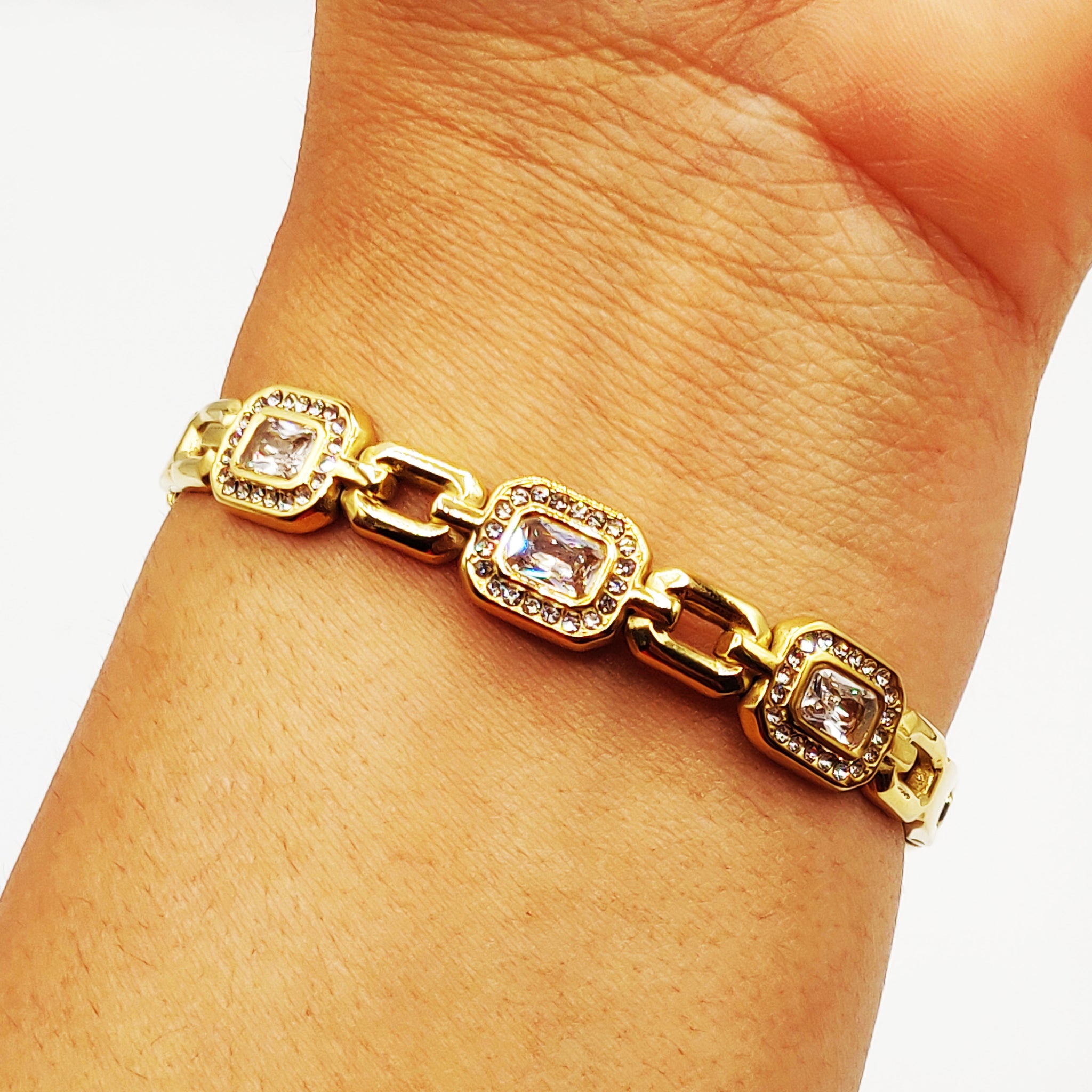 Bracelet Rigide Chaîne Rectangle et Cristaux Luxe