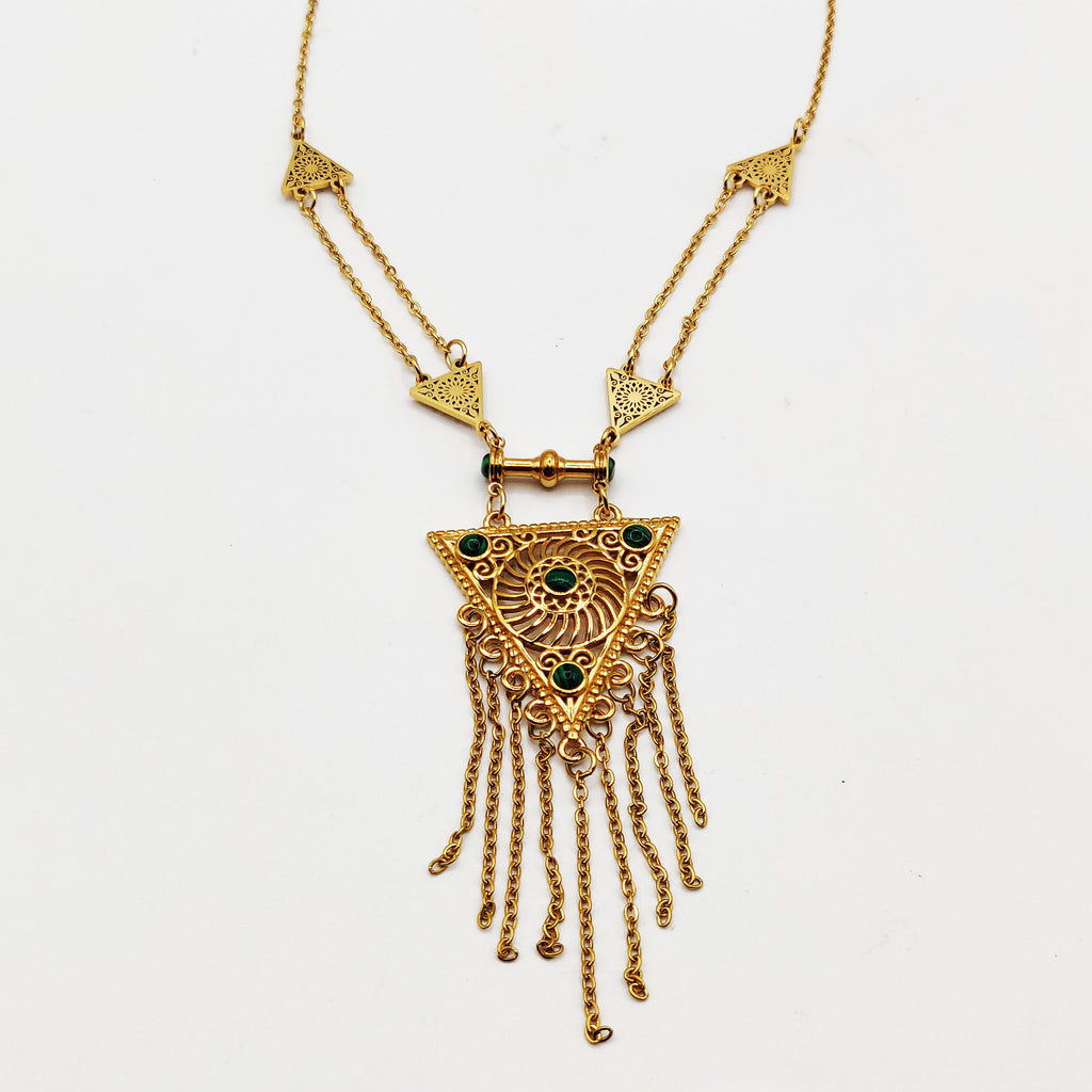 Collier / Sautoir Triangle Motifs Orientaux Pierres Vertes Luxe