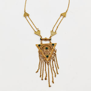 Collier / Sautoir Triangle Motifs Orientaux Pierres Vertes Luxe