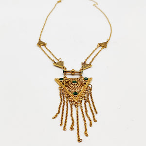 Collier / Sautoir Triangle Motifs Orientaux Pierres Vertes Luxe