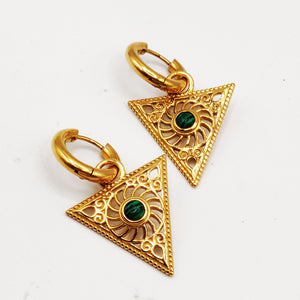 Boucles d'oreilles Triangle Motifs Orientaux Pierres Vertes Luxe