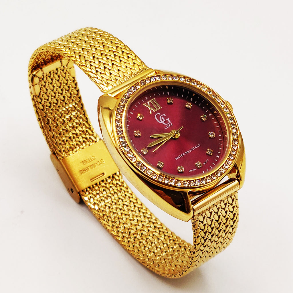 Montre GG Luxe FA1692 Fond Bordeaux Bracelet Doré