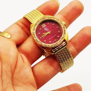 Montre GG Luxe FA1692 Fond Bordeaux Bracelet Doré