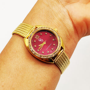 Montre GG Luxe FA1692 Fond Bordeaux Bracelet Doré