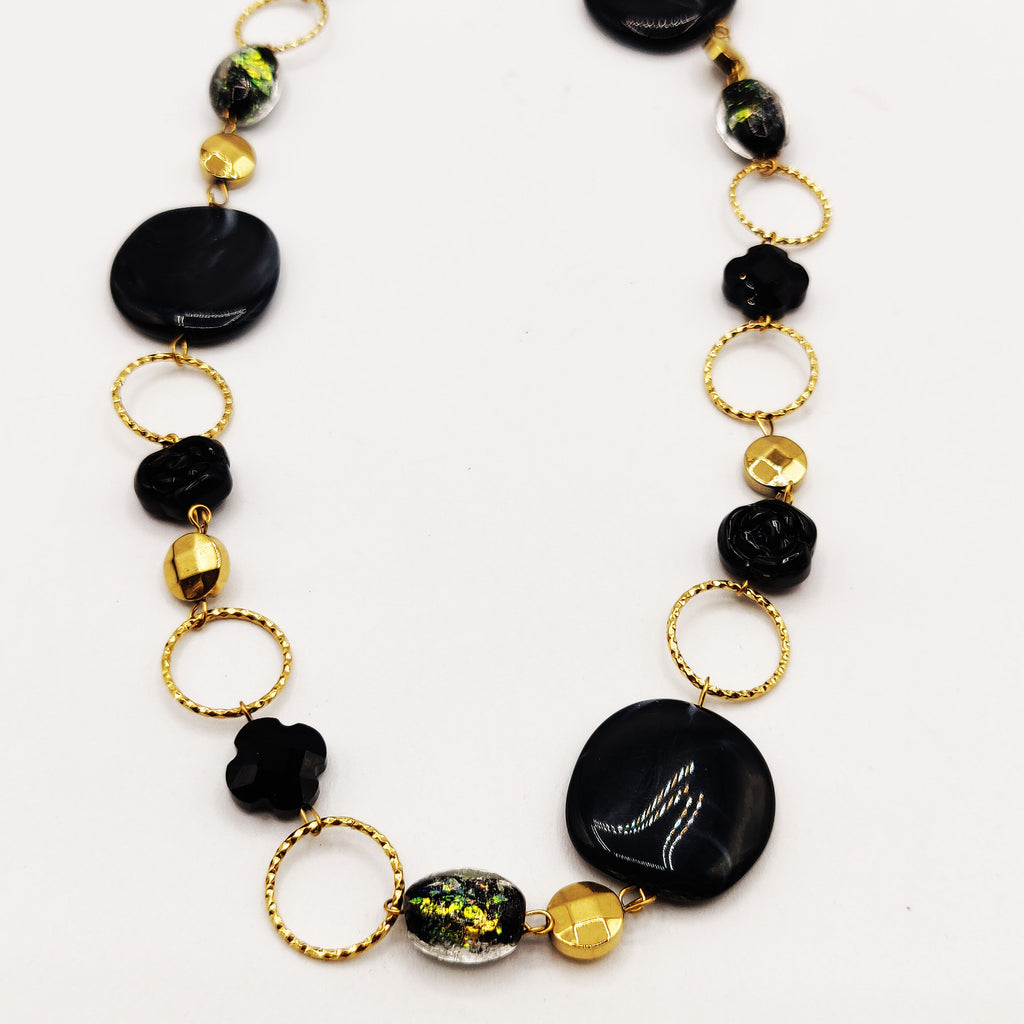 Collier Fashion Trèfles, Fleurs, et Pierres Noires Luxe