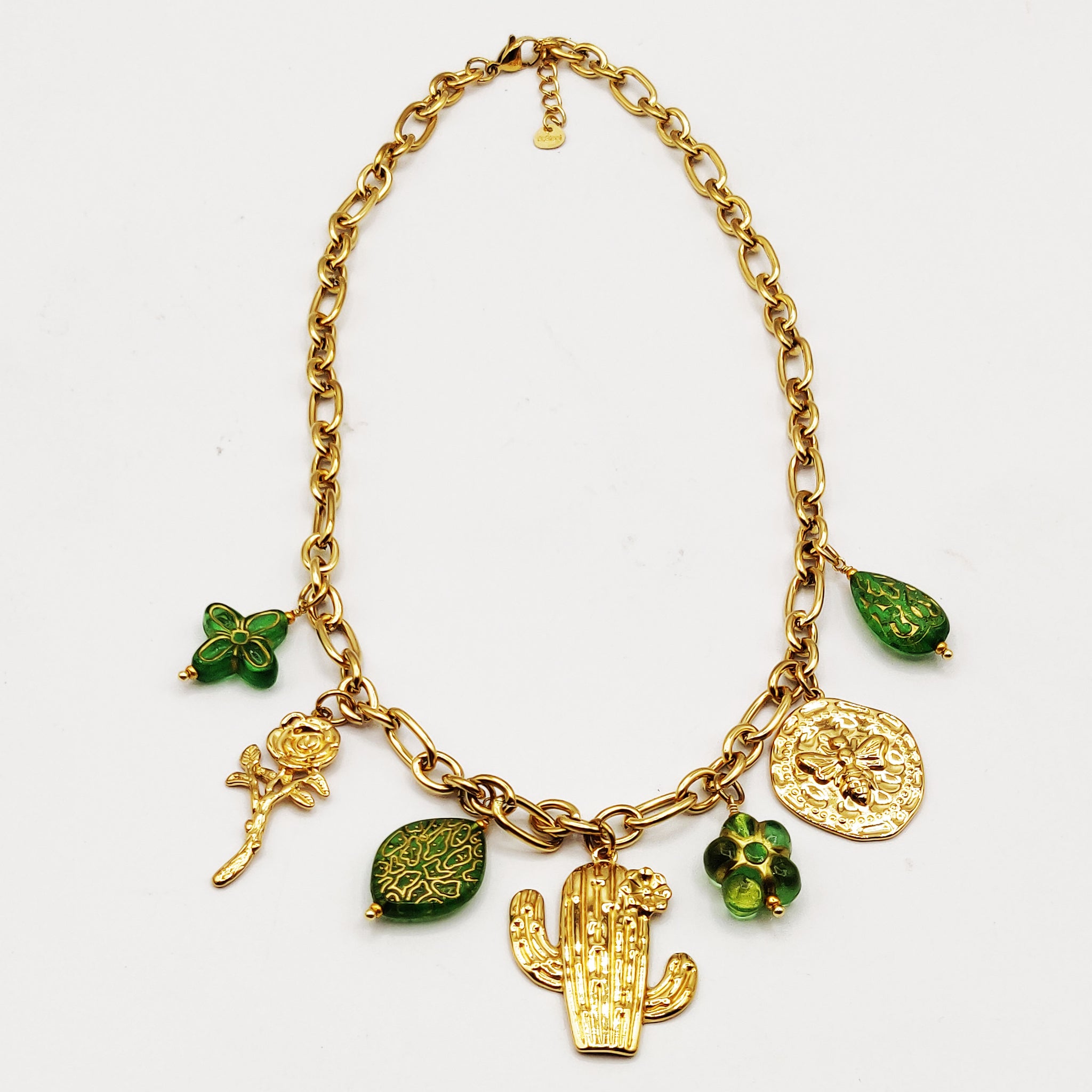Collier Pendentifs Cactus et Fleurs Vertes