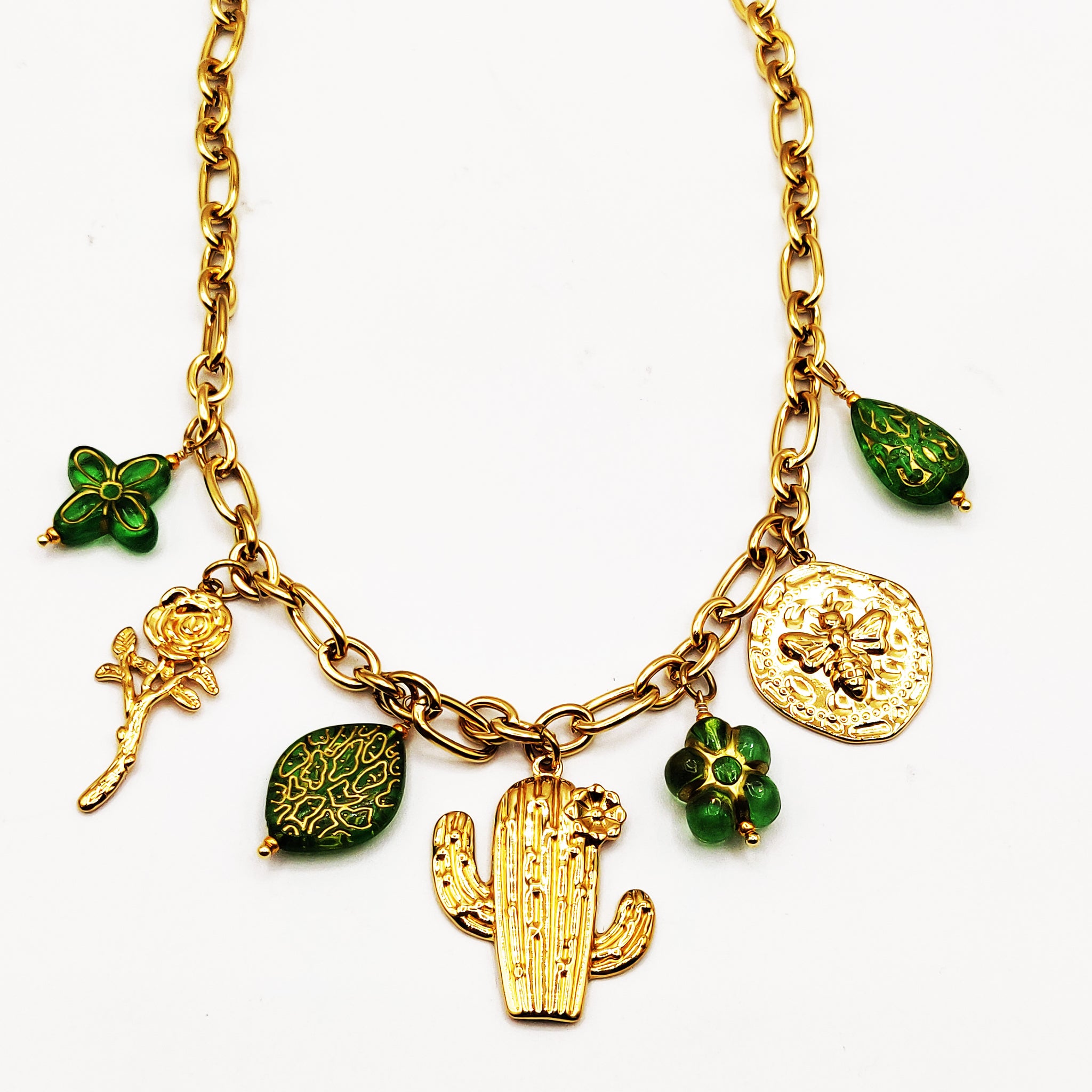 Collier Pendentifs Cactus et Fleurs Vertes