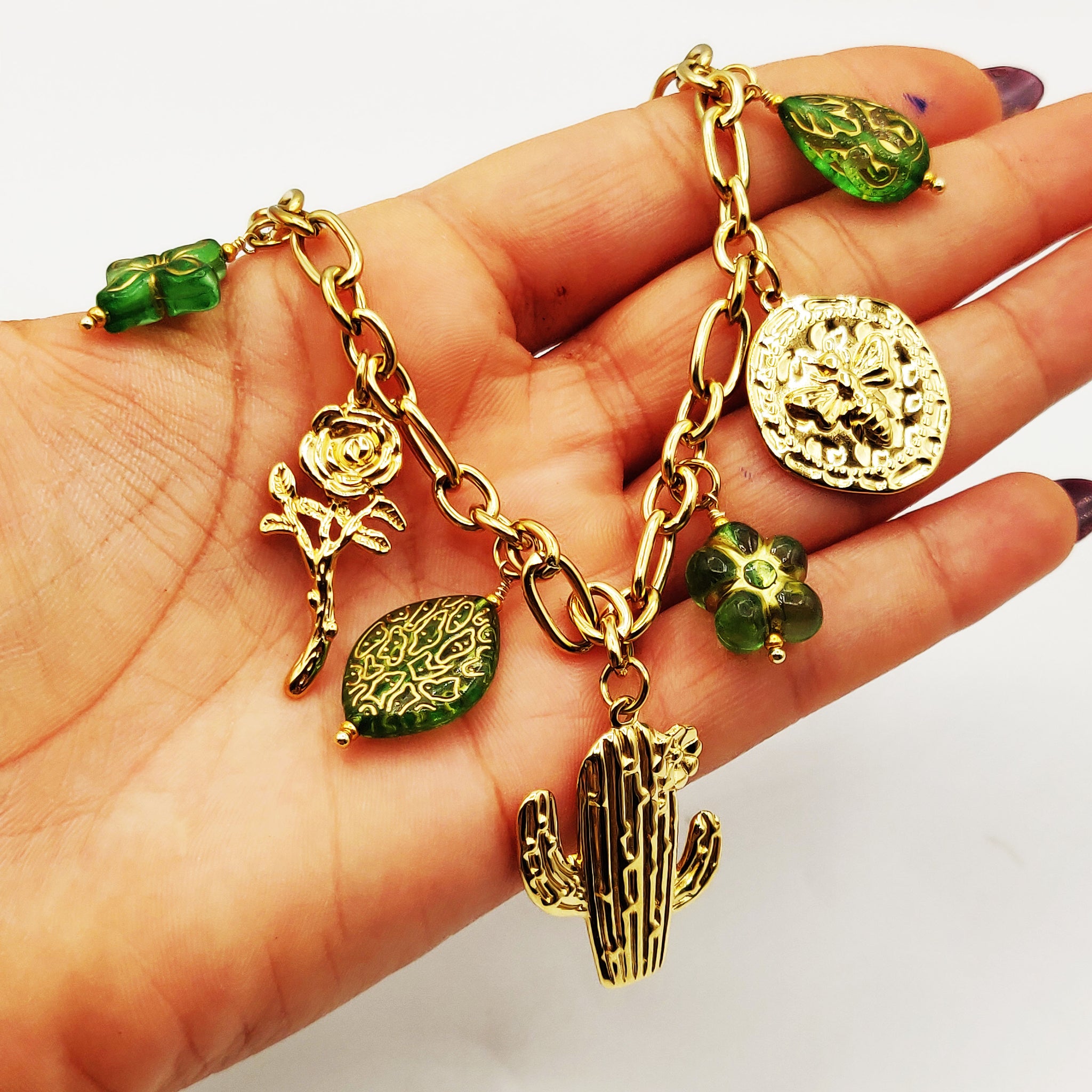 Collier Pendentifs Cactus et Fleurs Vertes
