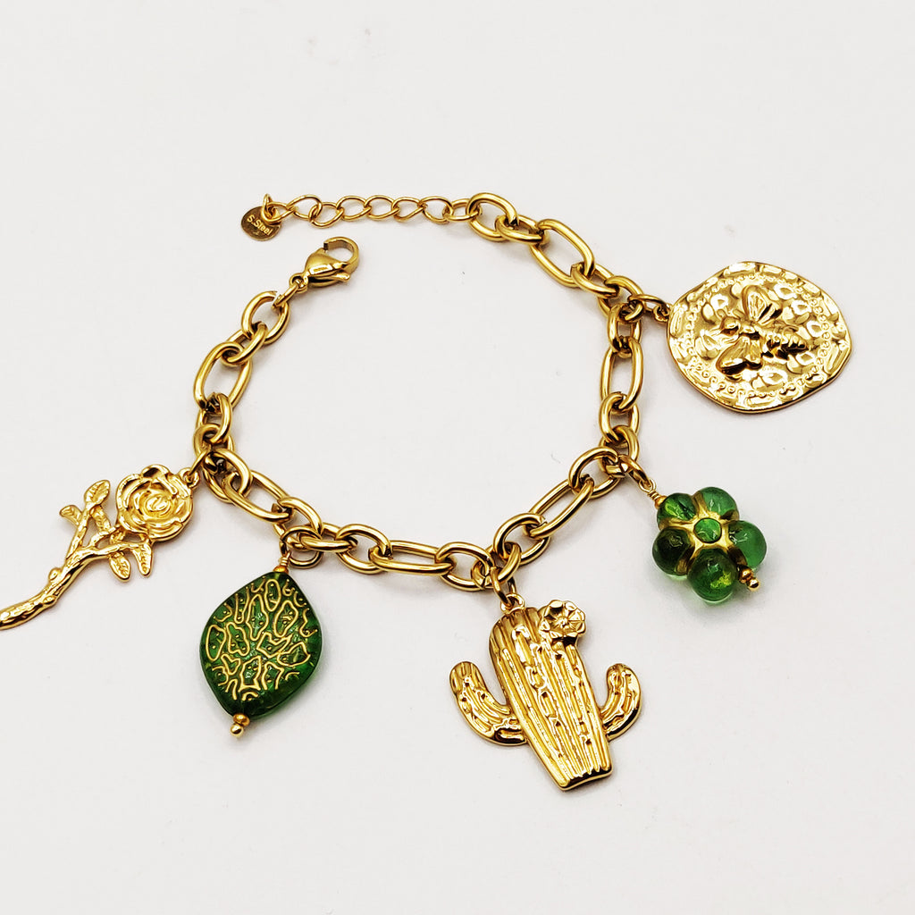 Bracelet Pendentifs Cactus et Fleurs Vertes