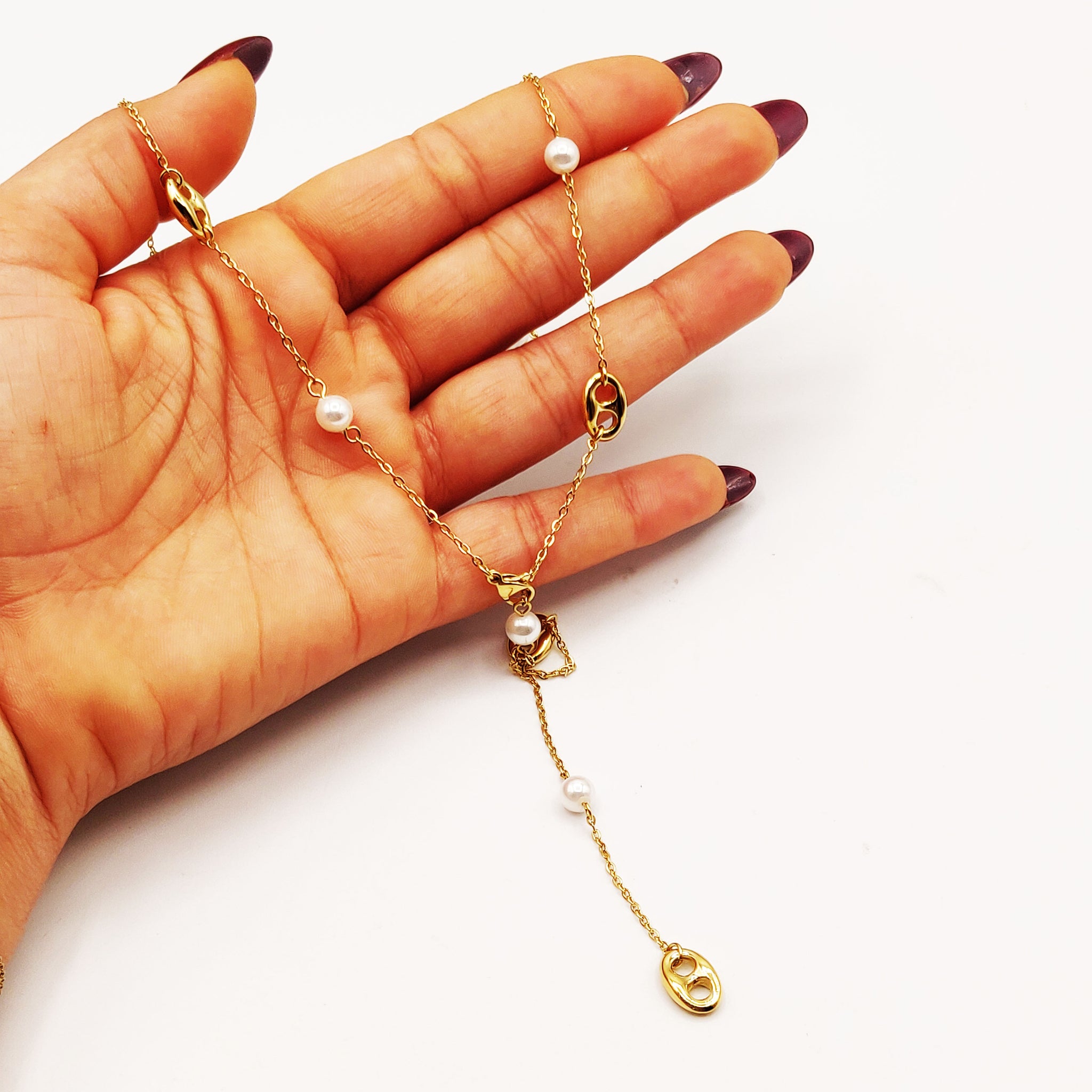 Collier Multi Graines de Café et Perles d'imitation Descendant