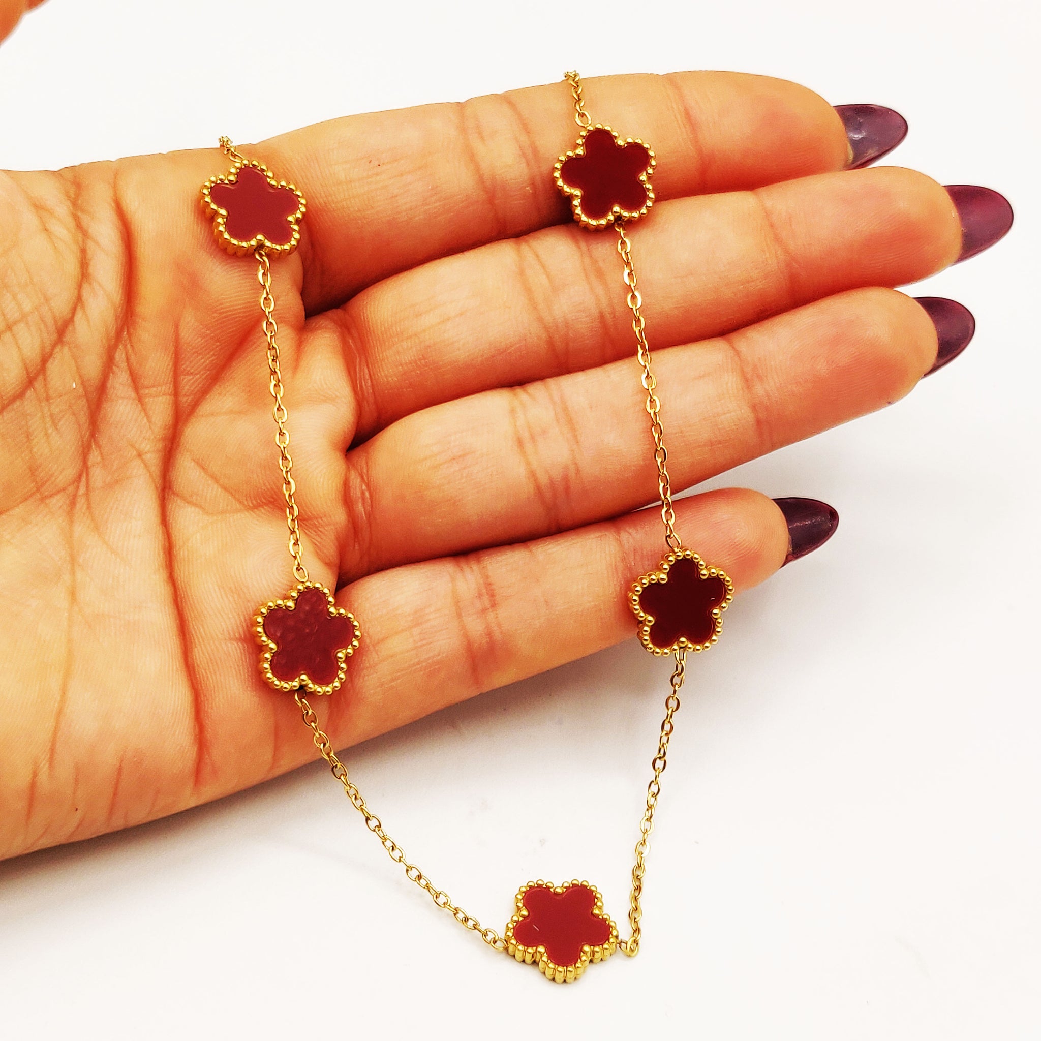 Collier Marguerites Bordeaux Tour Perles d'imitation Luxe