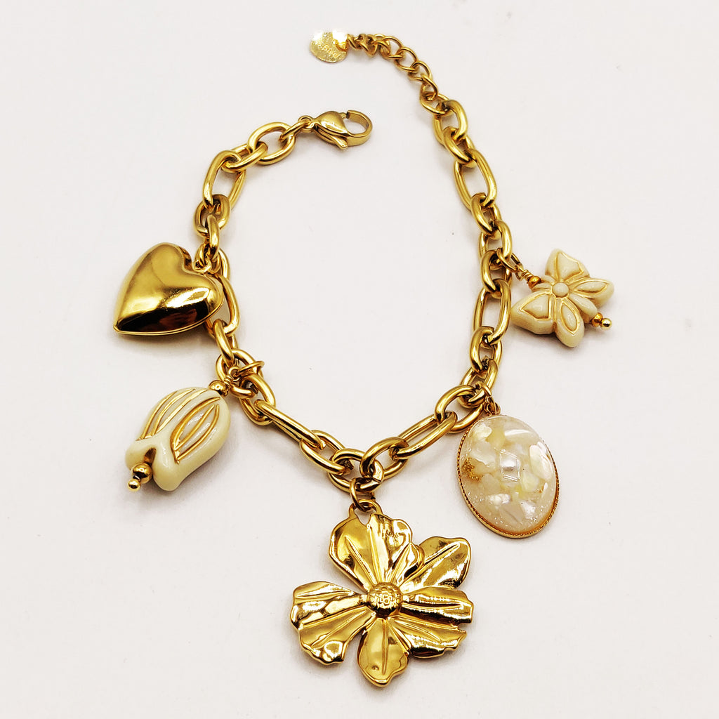 Bracelet Bibelots Multi Coeurs Dorés et Perles d'imitation Blanches