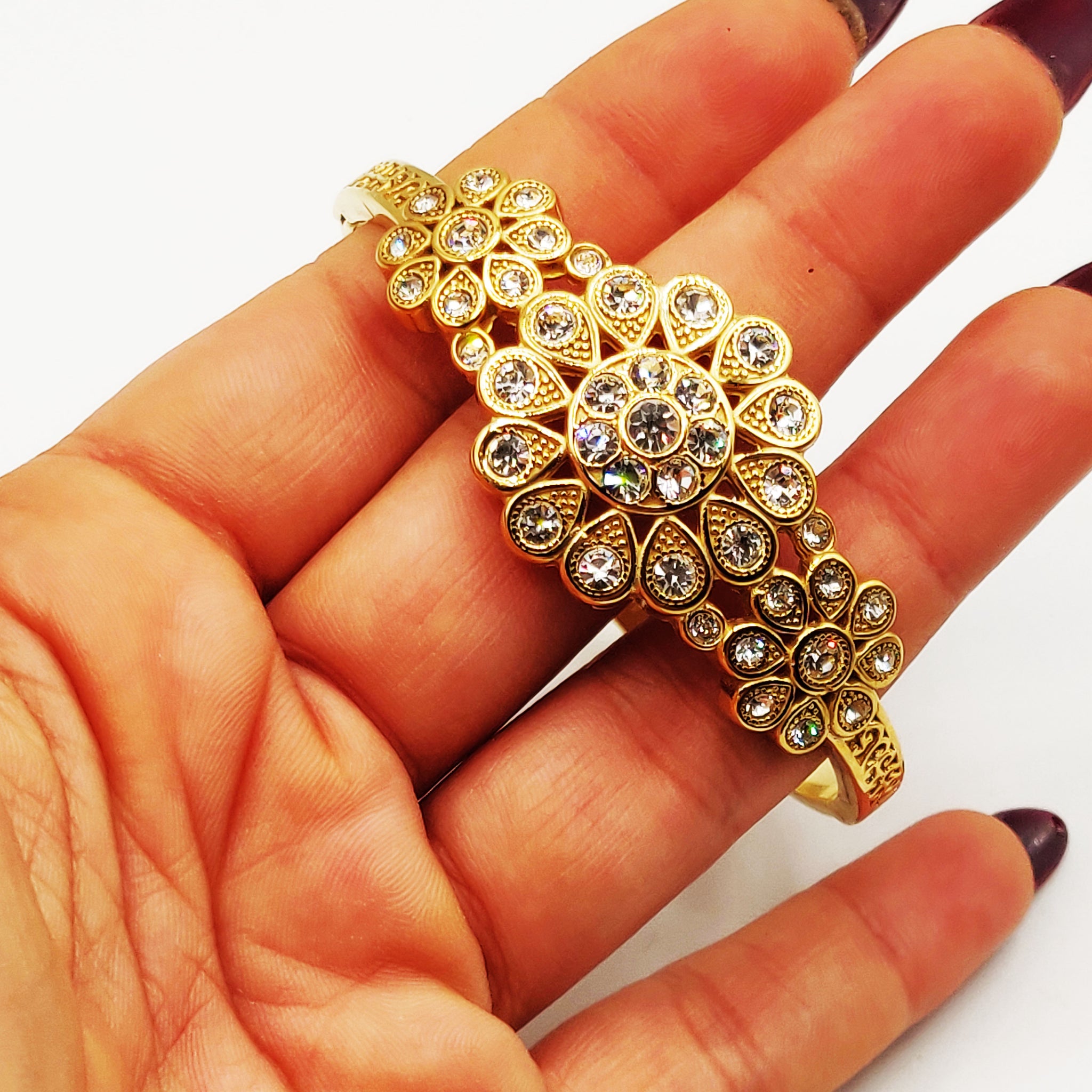 Bracelet Rigide Fleur Gouttes Cristaux Luxe