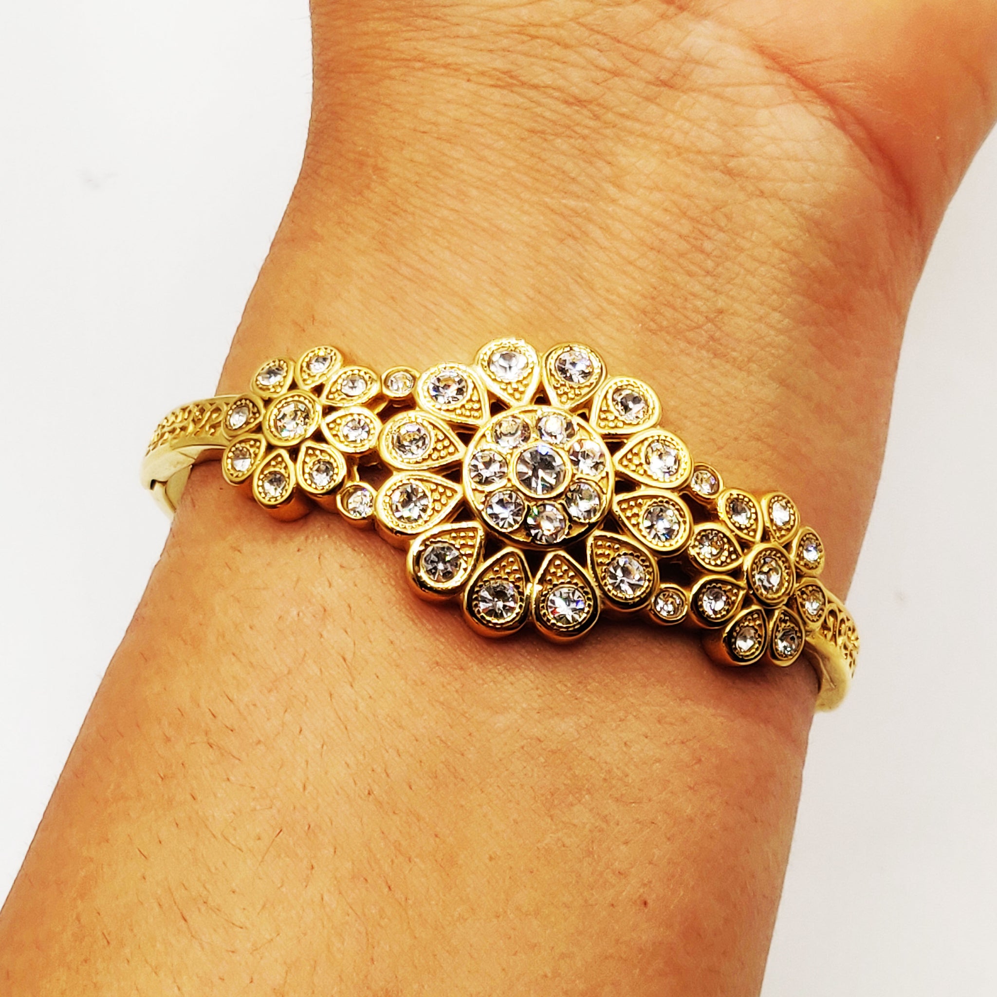 Bracelet Rigide Fleur Gouttes Cristaux Luxe