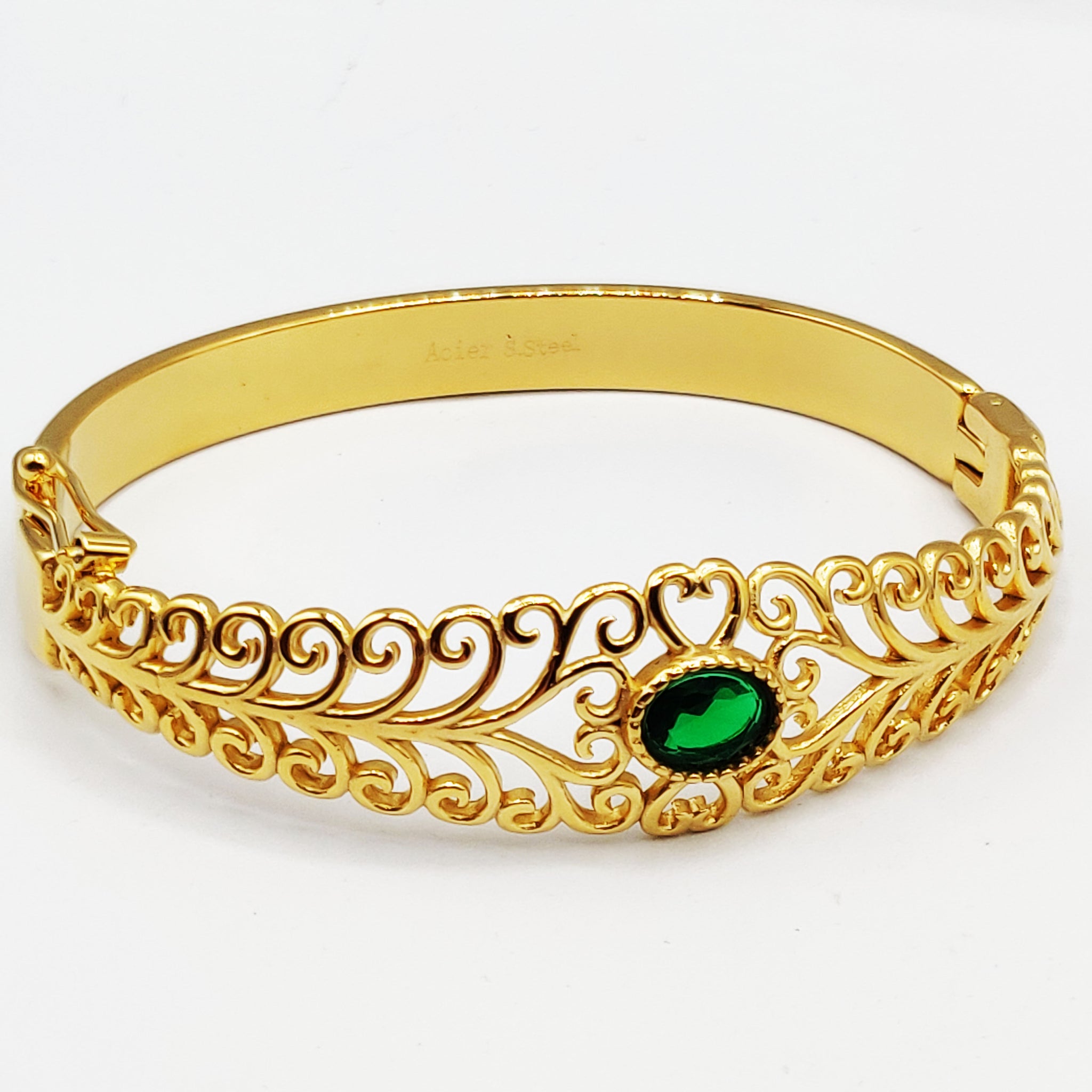 Bracelet Rigide Motifs Orientaux Pierre Verte Luxe