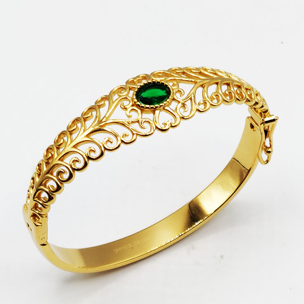 Bracelet Rigide Motifs Orientaux Pierre Verte Luxe