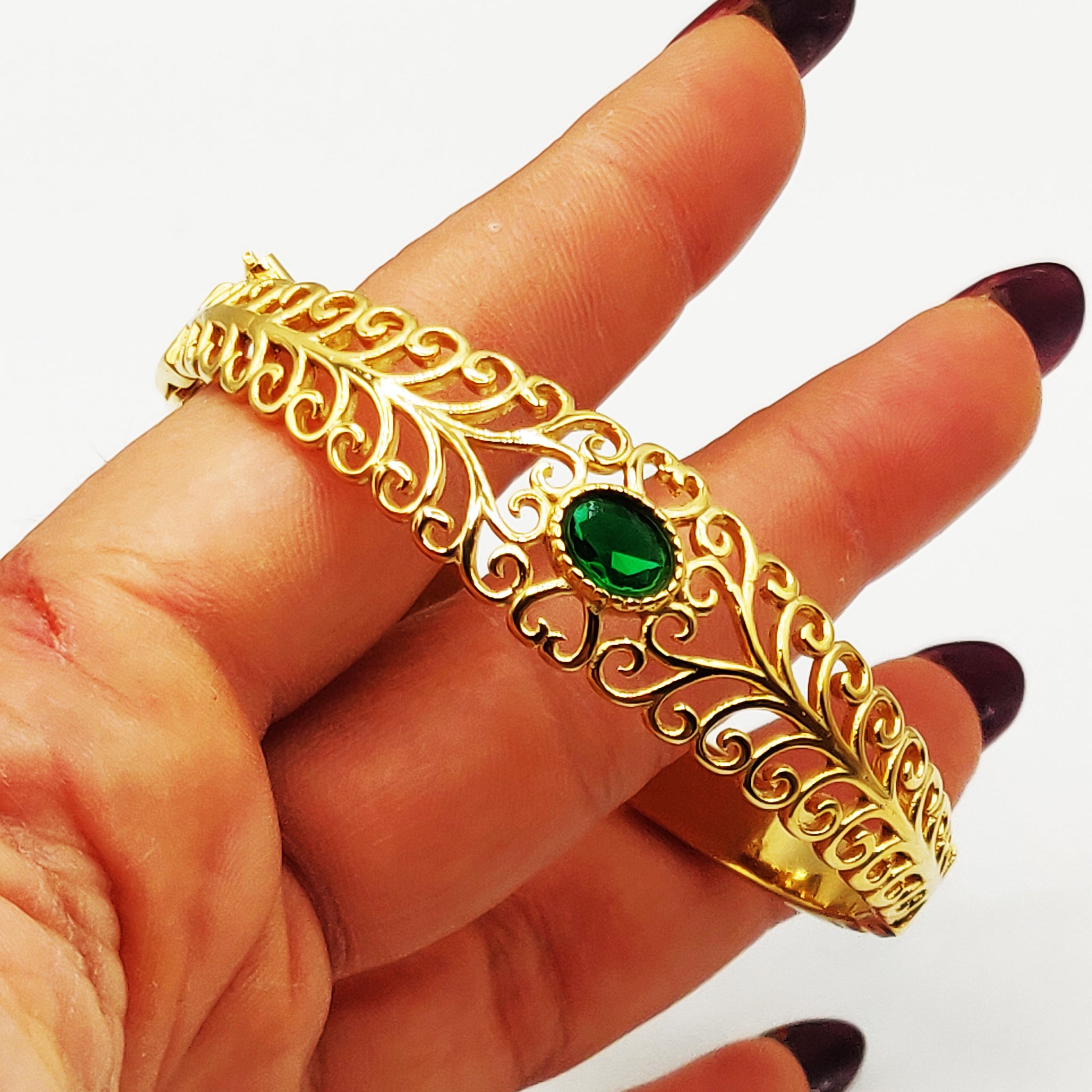 Bracelet Rigide Motifs Orientaux Pierre Verte Luxe