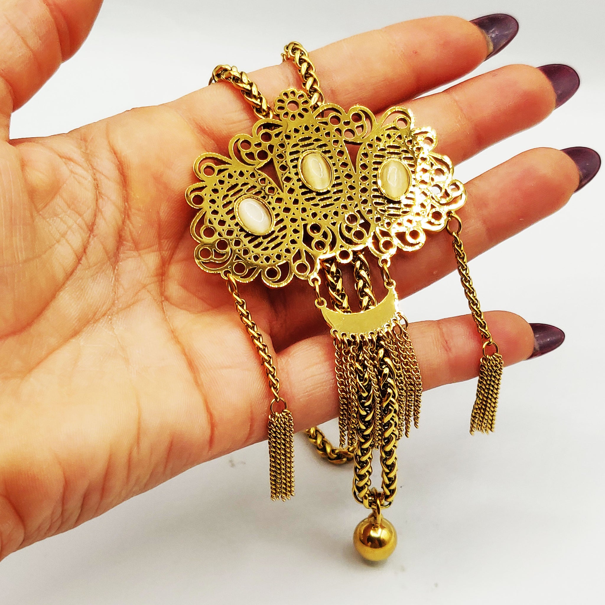 Collier Cravache Triple Pierres Beiges Luxe