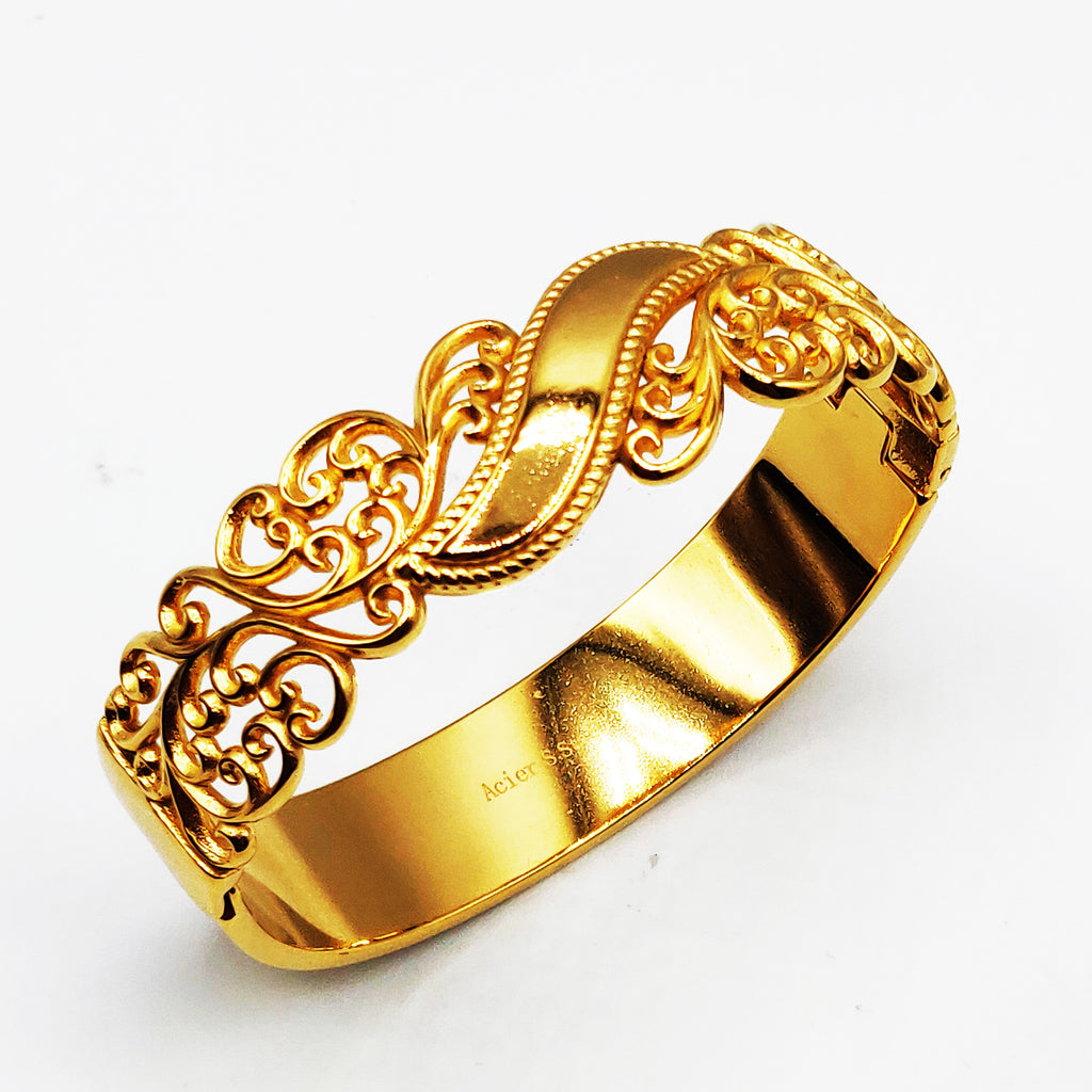 Bracelet Rigide Large Motifs Orientaux Vague Dorée Luxe