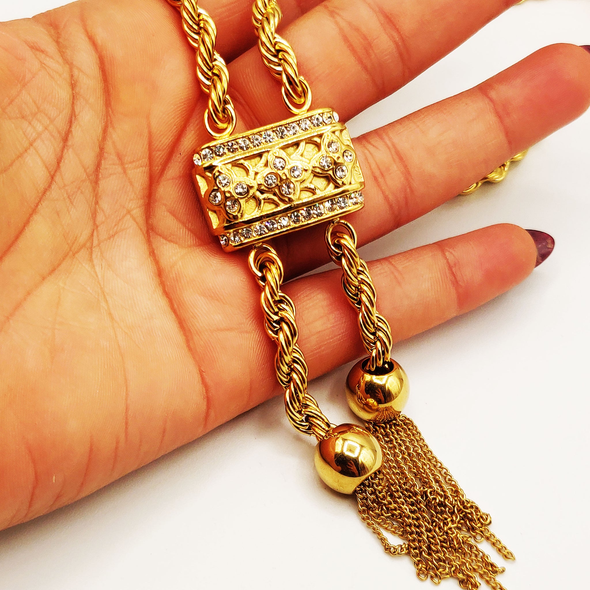 Collier / Sautoir Torsade Pendentif Trèfles Incrustés Luxe