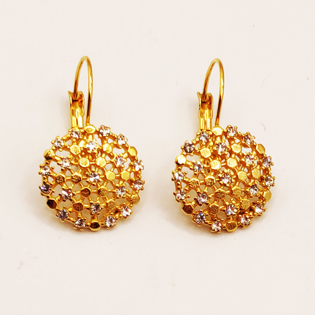Boucles d'oreilles Rond Hexagones Dorés et Cristaux Luxe