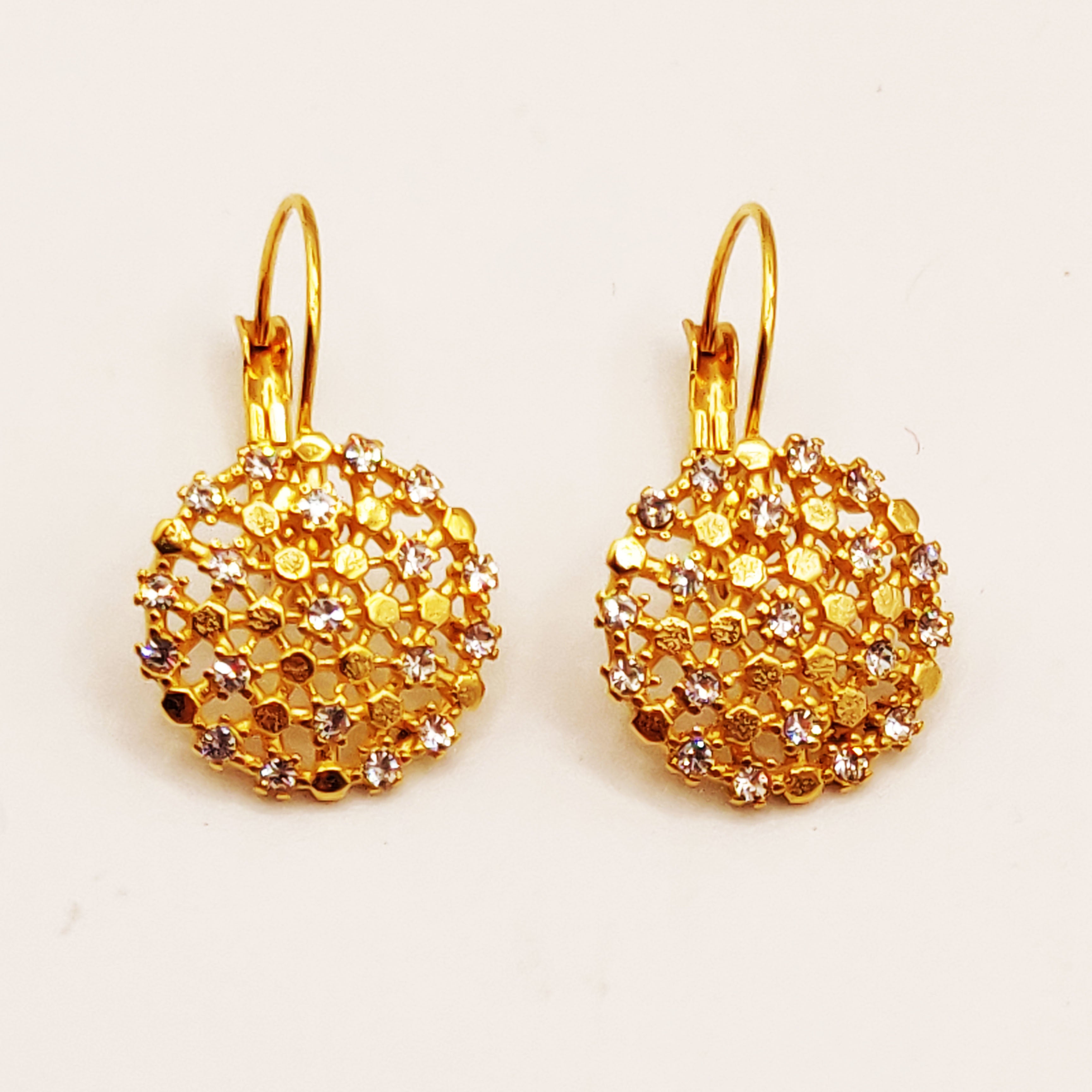 Boucles d'oreilles Rond Hexagones Dorés et Cristaux Luxe