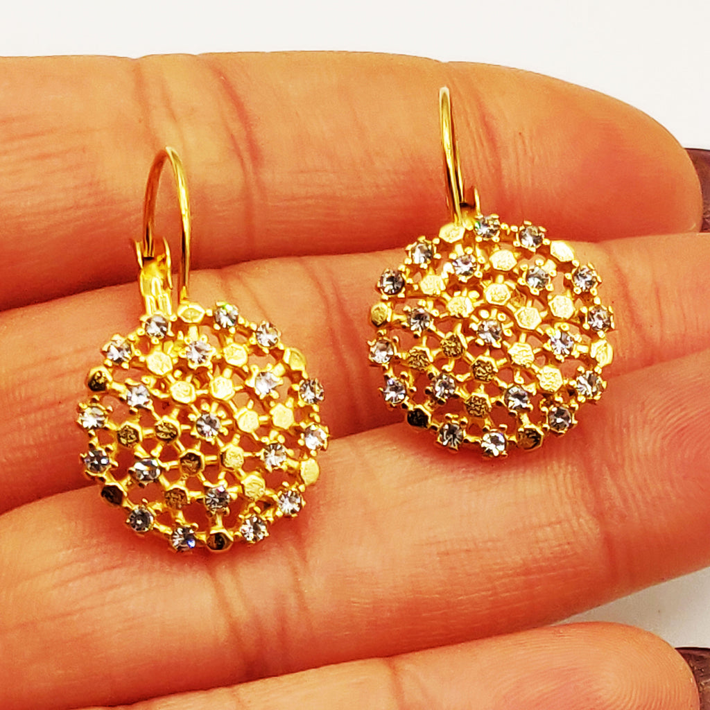 Boucles d'oreilles Rond Hexagones Dorés et Cristaux Luxe