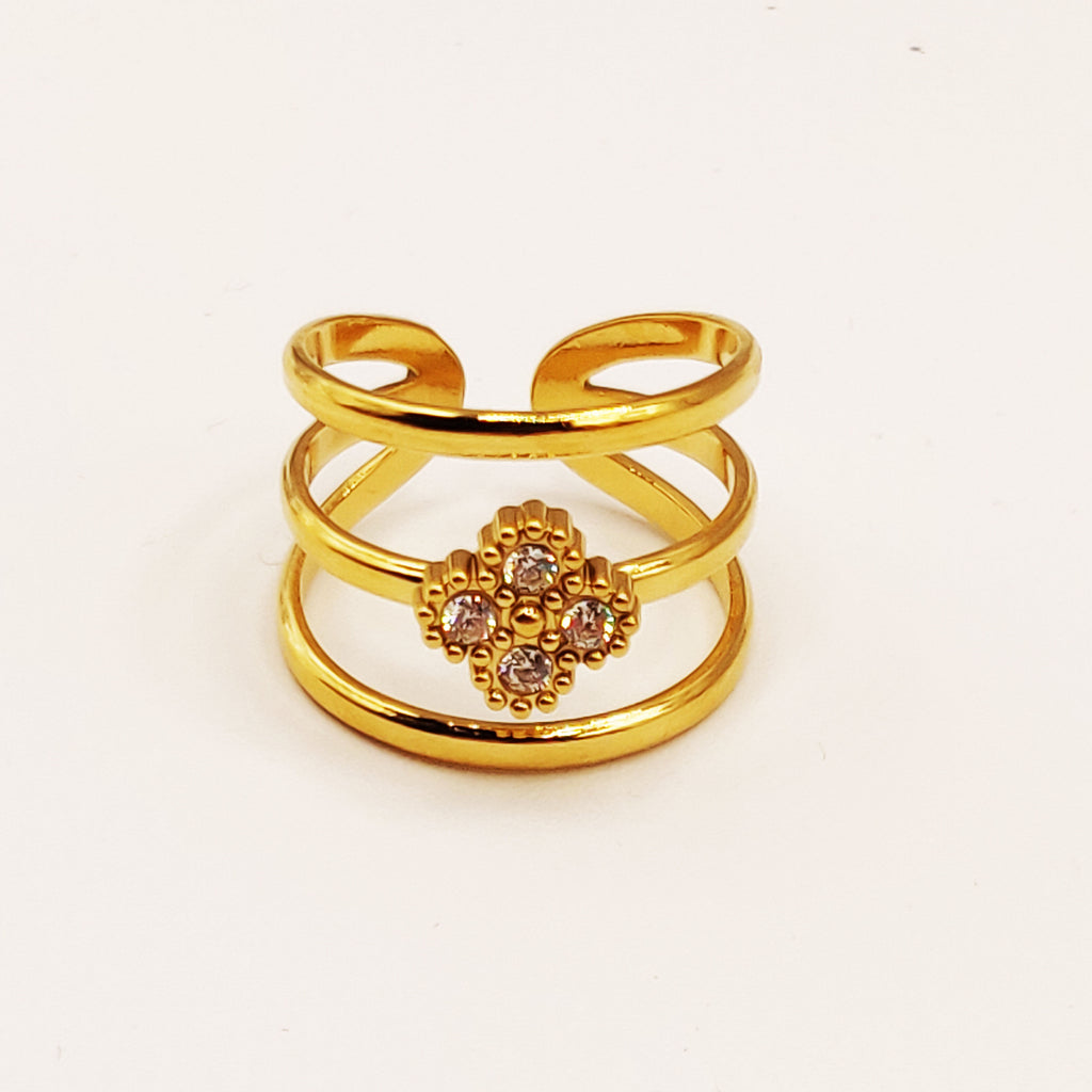 Bague Triple Lignes Trèfle 4 Cristaux Luxe