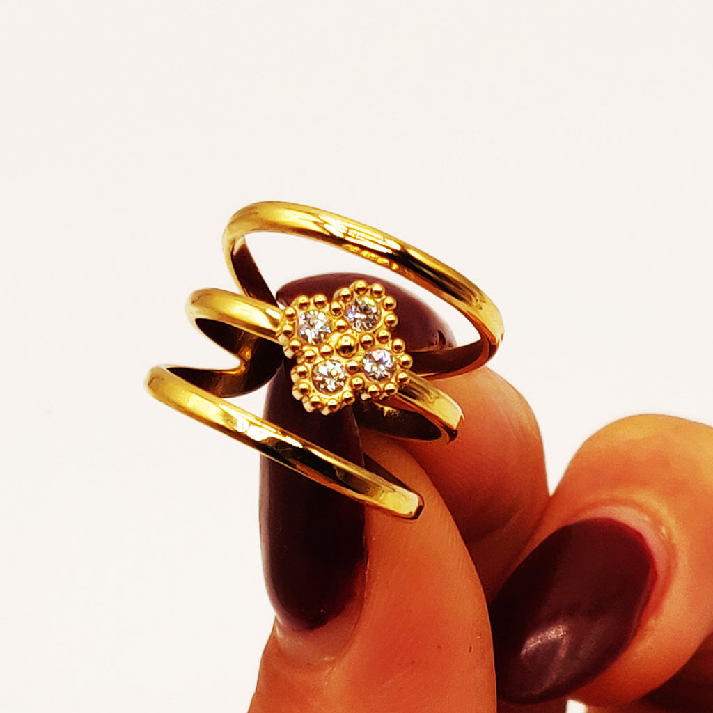 Bague Triple Lignes Trèfle 4 Cristaux Luxe
