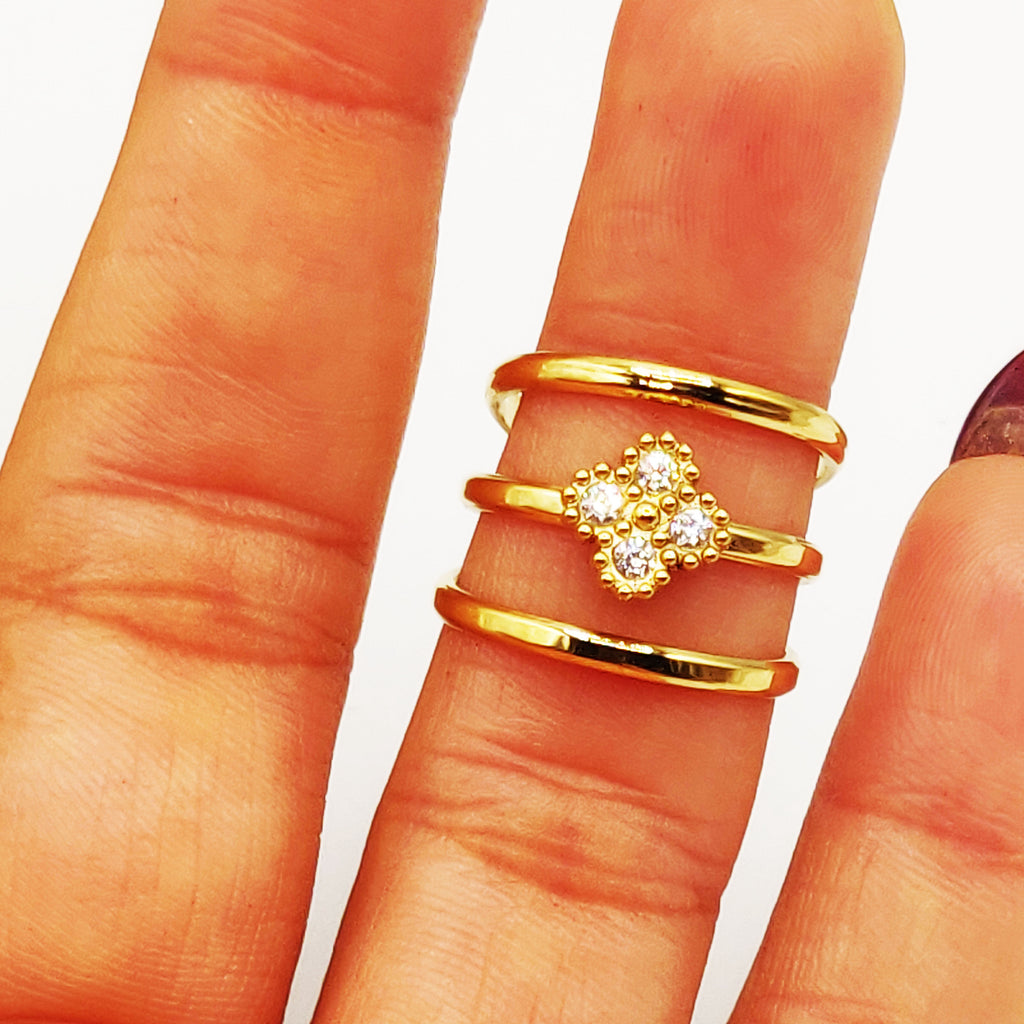 Bague Triple Lignes Trèfle 4 Cristaux Luxe