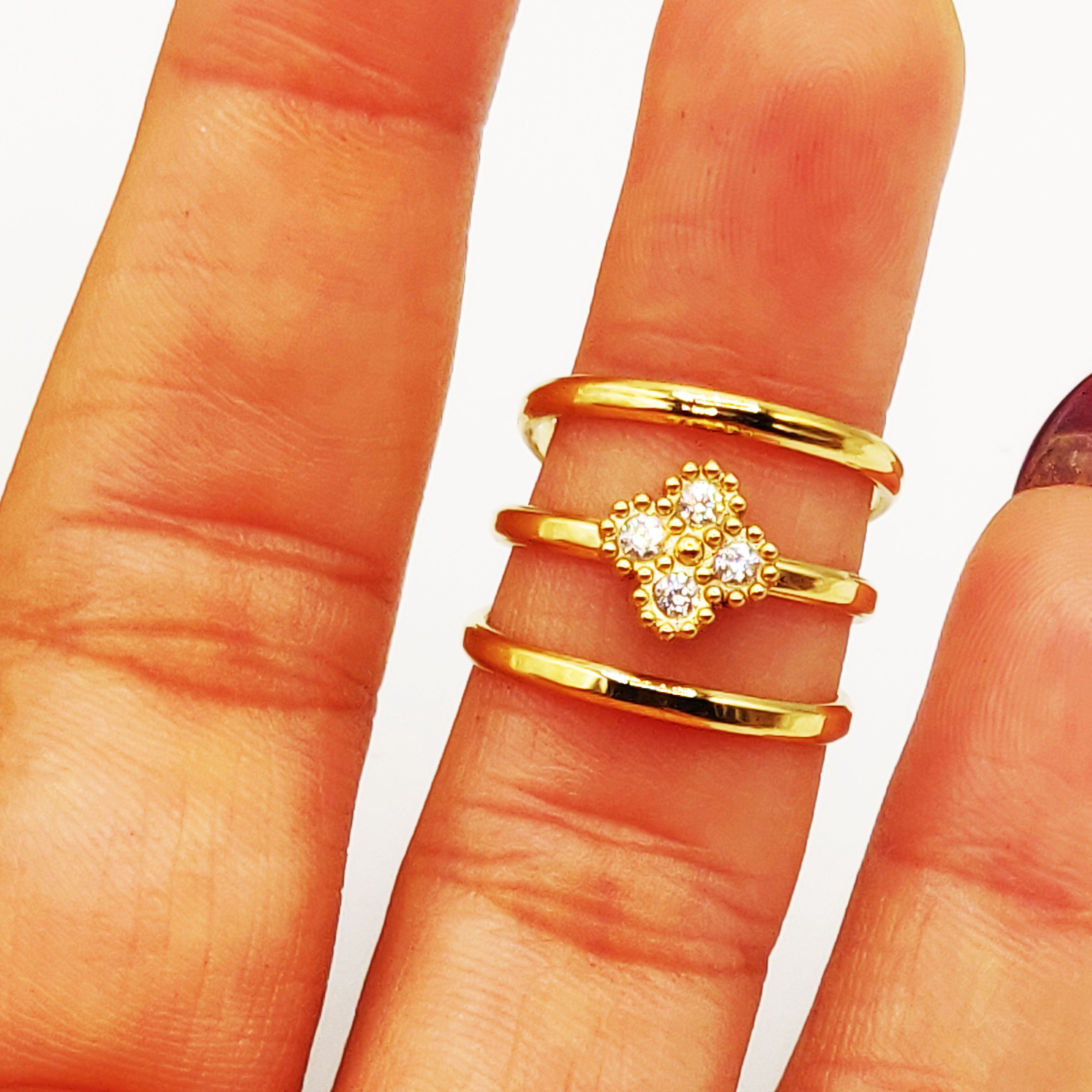 Bague Triple Lignes Trèfle 4 Cristaux Luxe