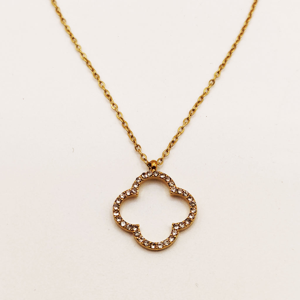 Collier Grand Trèfle Creux Tour Cristaux