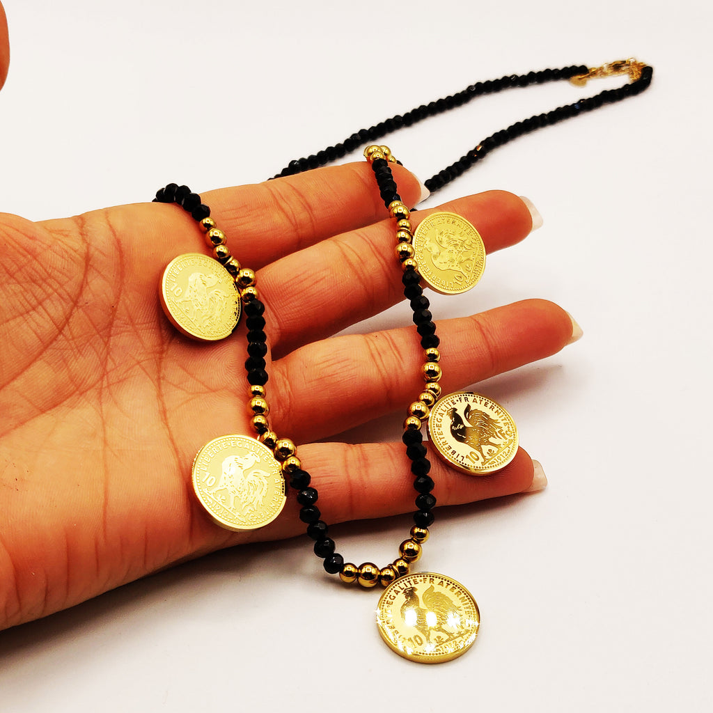 Collier Perles d'imitation Noires et Dorées Multi Louise Coq Luxe