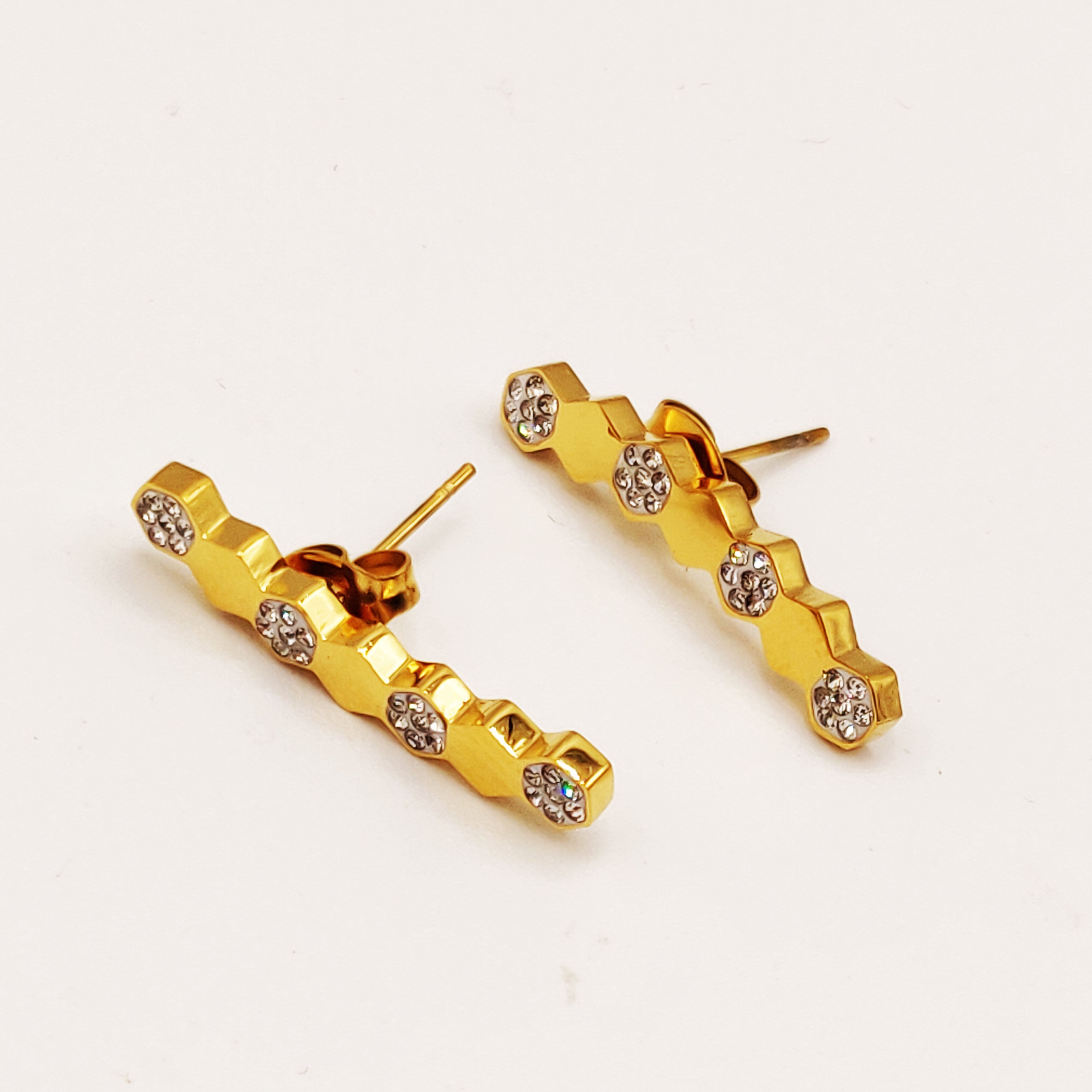 Boucles d'oreilles Ligne Hexagones Dorés et Cristaux Luxe