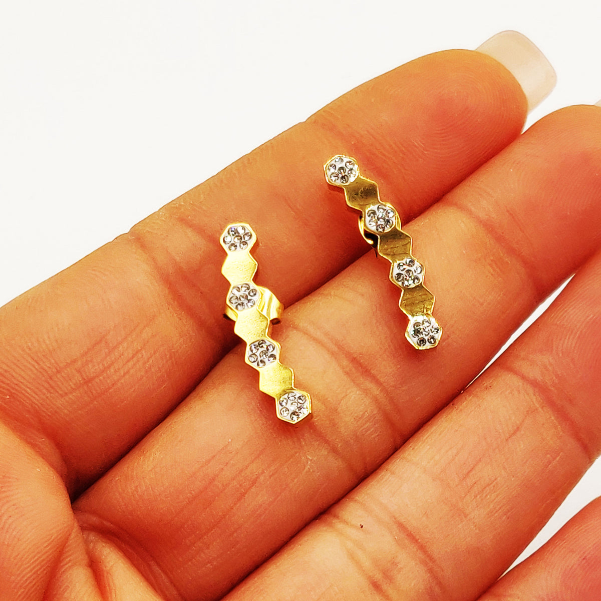 Boucles d'oreilles Ligne Hexagones Dorés et Cristaux Luxe