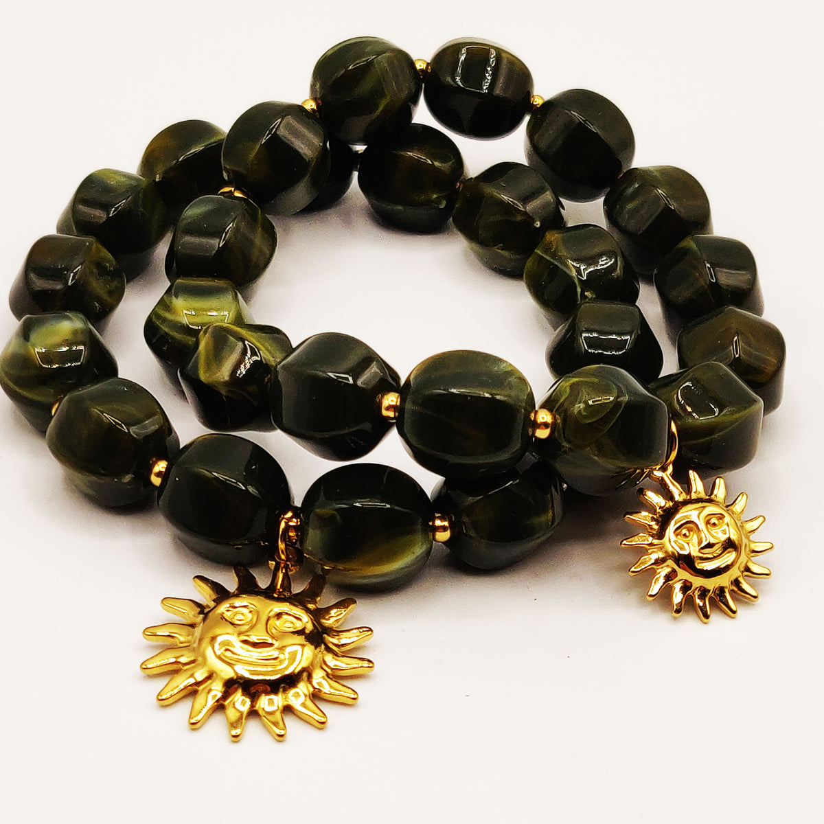 Bracelet Double Rangs Perles d'imitation Kaki et Dorées Luxe